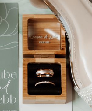 wedding rings and invitation and shoes wedding flatlay